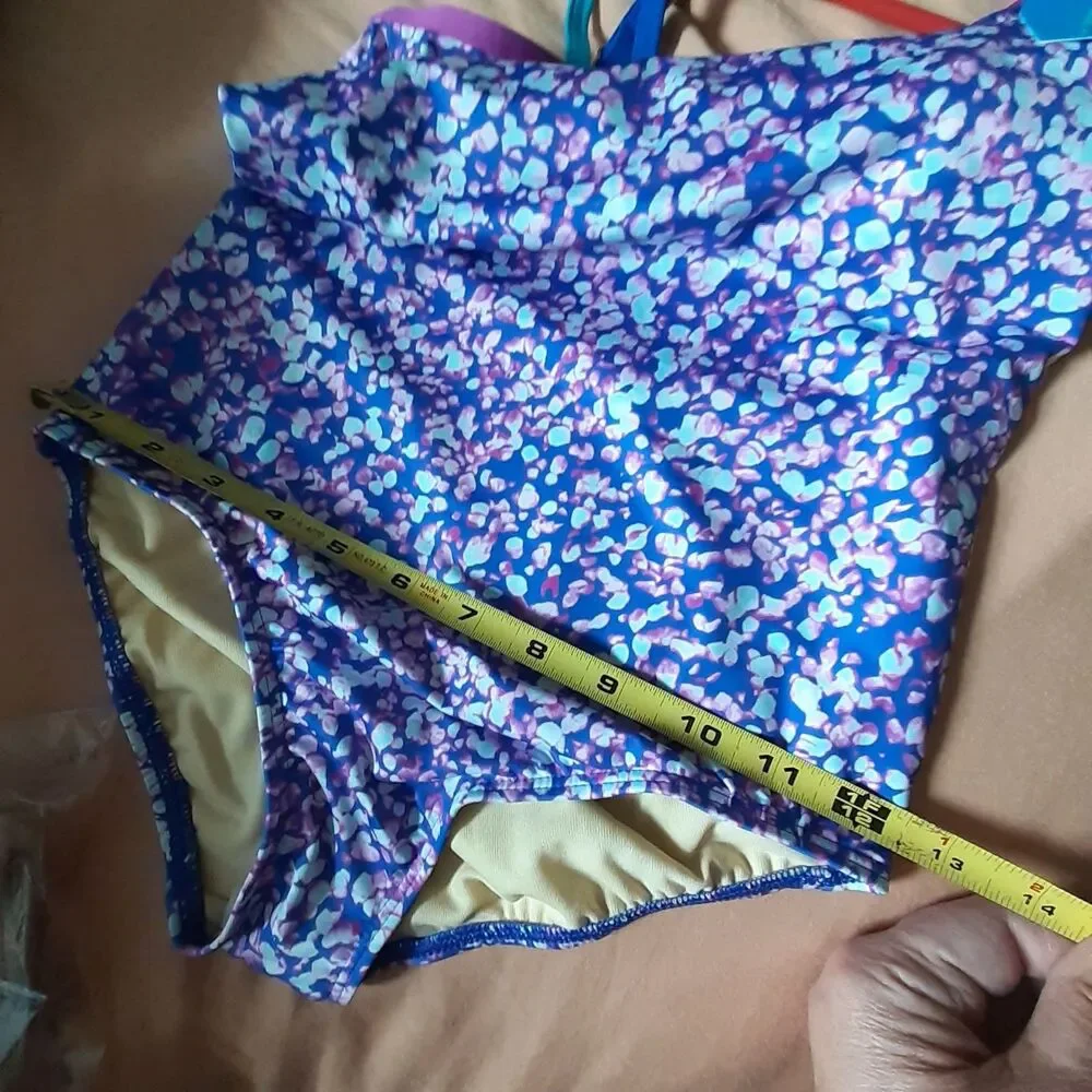 new $38 lands end swimsuit Girls Slim L Chlorine Resistant electric blue mosaic